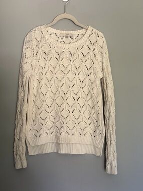 LOFT Open Knit Sweater Women’s Size M Cream Cotton Blend Boho Minimalist Fitted